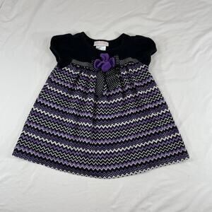 Bonnie Baby Girls Purple Black Chevron Stripe Flower Dress Ruffle Hem 24M